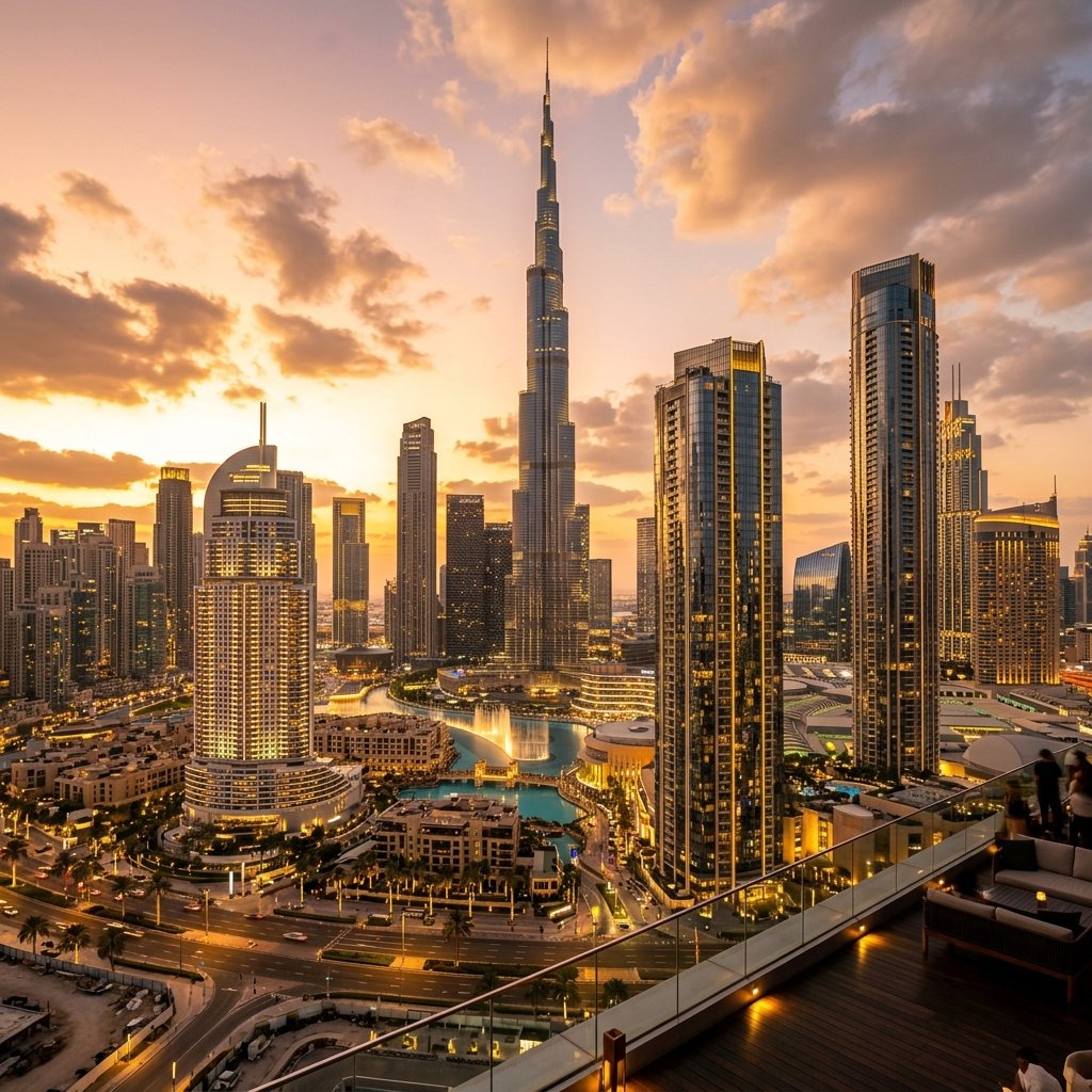 Dubai skyline with Burj Khalifa at sunset