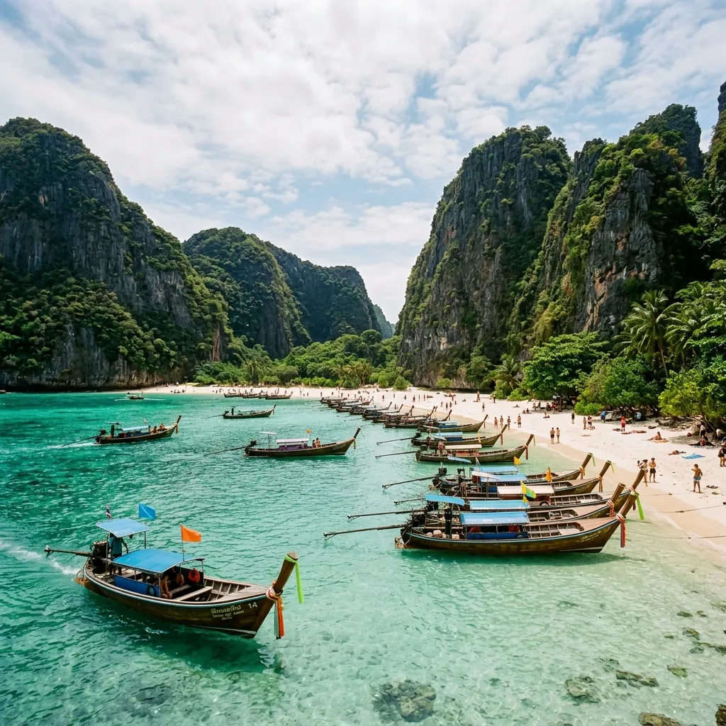 Thailand tropical beach with longtail boats