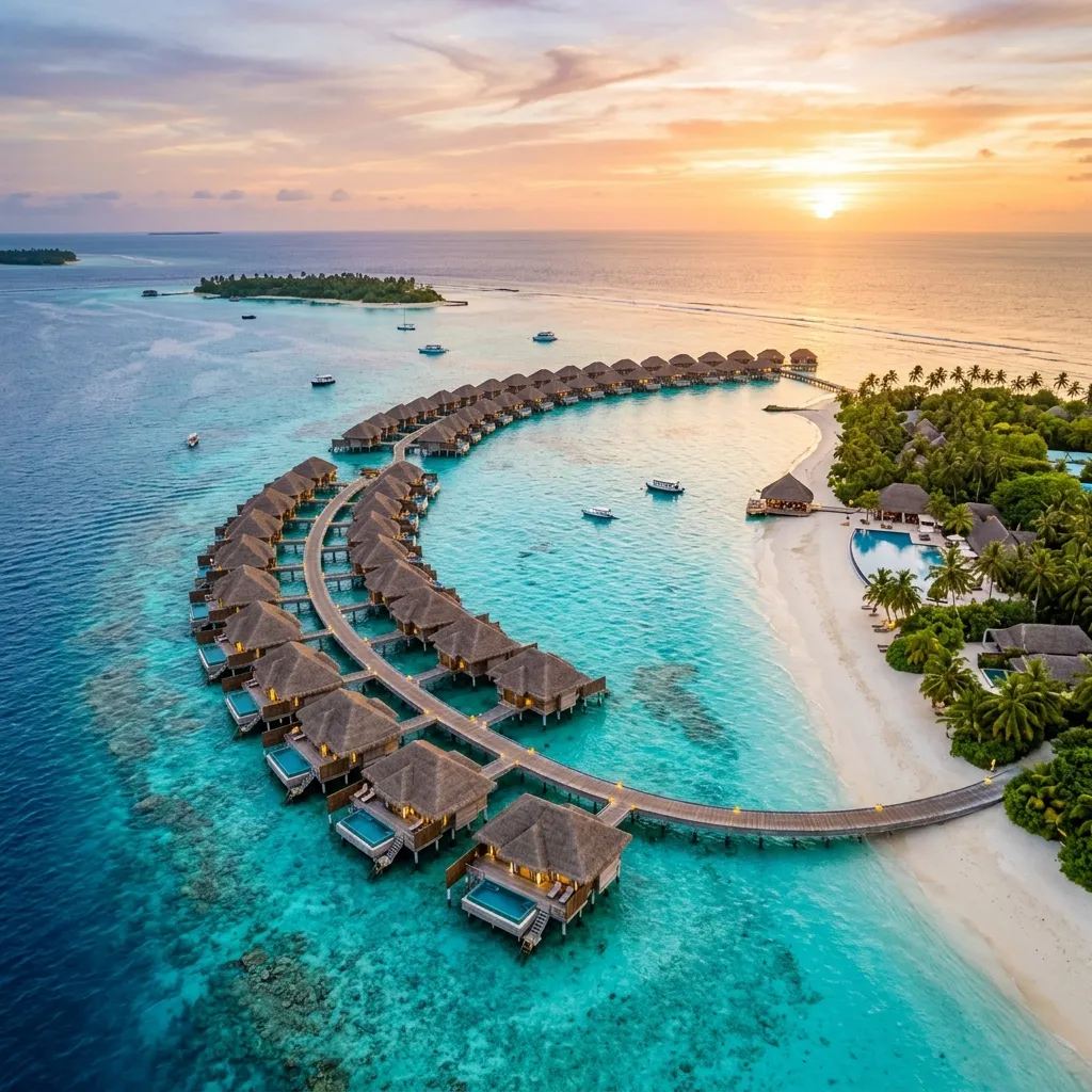 Luxury travel destination with overwater villas in Maldives